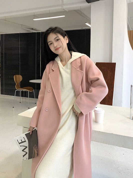 핑크색 모직 외투 도파민 롱 코트 한 부서 품격 정장 칼라 오트밀 색상 작은 키 분위기 센스 가을 겨울