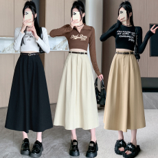 批发杏色水洗棉半身裙女春<b class='q'>夏</b>欧货高腰大摆梨形身材垂感遮胯中长款伞裙