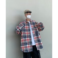 批发日系宽松复古拼接格子衬衫男女翻领长袖休闲外穿垂感衬衣