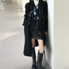 批发黑色毛呢外套女2025年秋冬新款韩版过膝赫本风呢子大衣中长款加厚