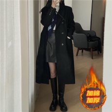 批发黑色毛呢外套女秋冬新款韩版过膝赫本风呢子加棉加厚大衣中长款