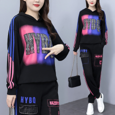 批发实拍 秋新款时尚套装女 宽松连帽卫衣拼接牛仔印花两件套大码女装