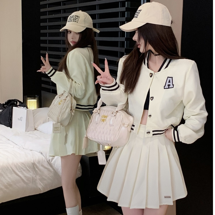 PF21051#减龄学院风套装裙新款时尚百搭棒球服外套百褶裙休闲两件女裝貨源服裝批發