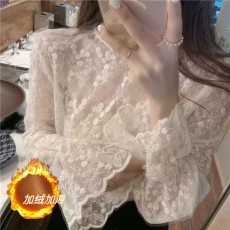 批发加绒韩版女装新款气质喇叭袖蕾丝衫秋冬内搭修身<b class='q'>长袖</b>套头<b class='q'>打底衫</b>
