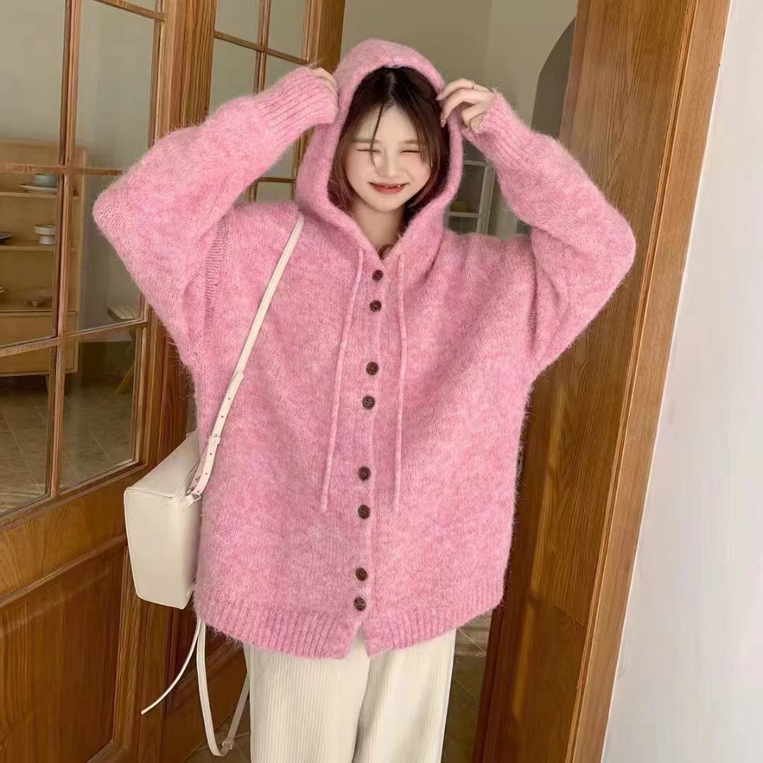 Hooded Sweater Cardigan Jacket Women's Autumn and Winter Thickened Korean Style Loose Lazy Style Knitted Sweater Top