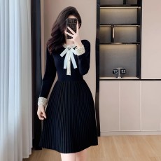 批发赫本风小黑裙针织连衣裙女秋冬新款小香风内搭打底裙百褶短裙