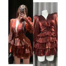 批发For Fay原创落日玫瑰修身红色<b class='q'>连衣裙</b>泡泡袖生日裙女