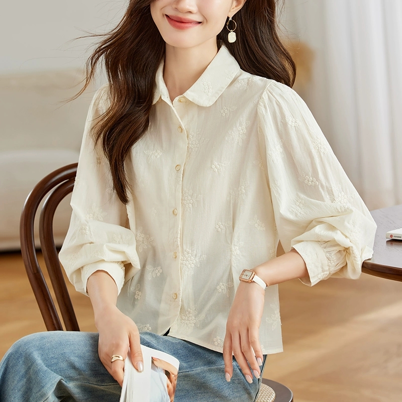 MY454# 杏色绣花衬衫女长袖气质淑女轻熟上衣纯棉绣花衬衣女裝貨源服裝批發