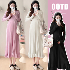 批发实拍  2024秋冬新款外穿V领宽松百褶孕妇毛衣长裙