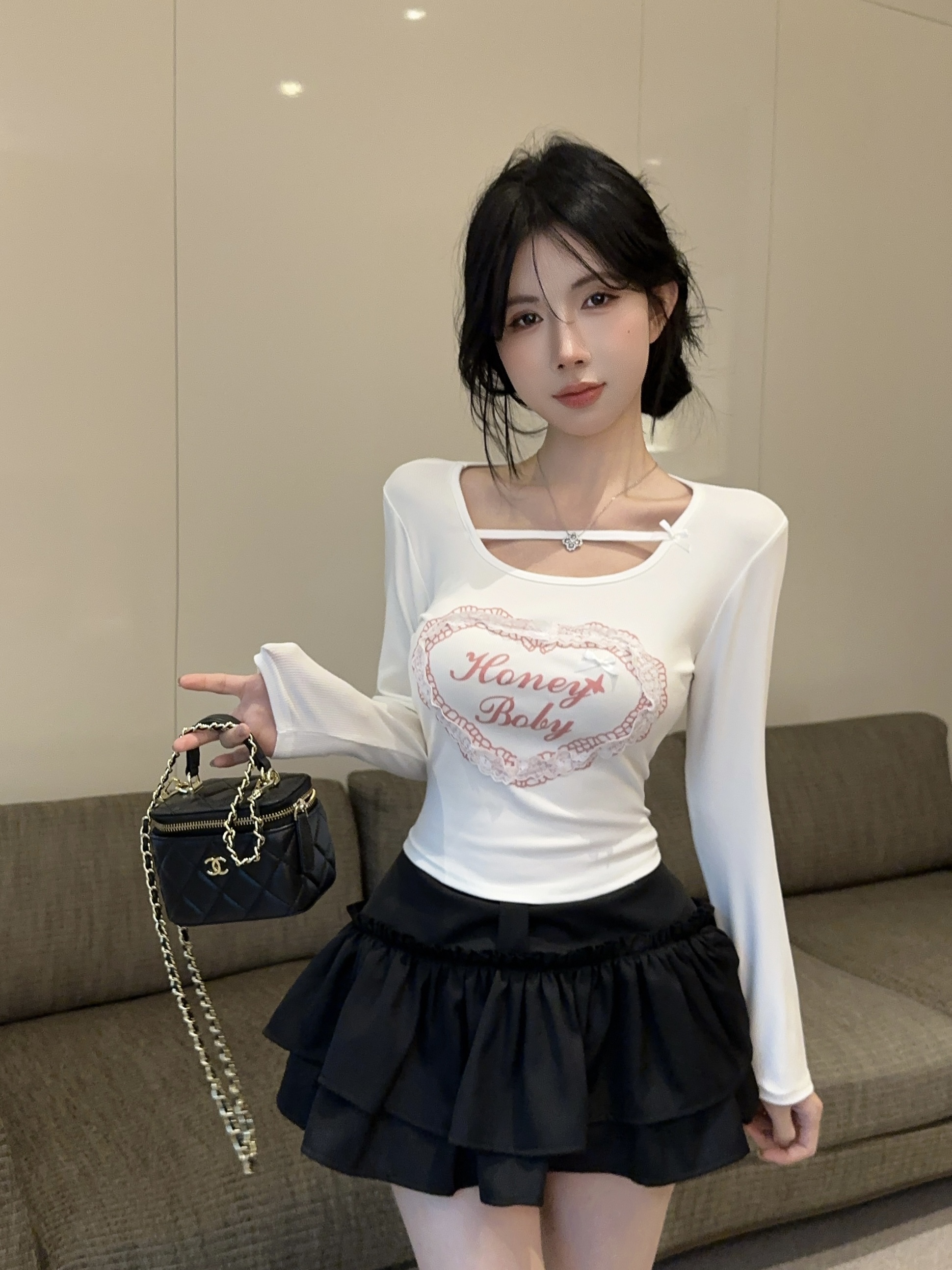 Real shot ~ hot girl lace short top for women autumn new French chic sweet and spicy jazz bow T-shirt