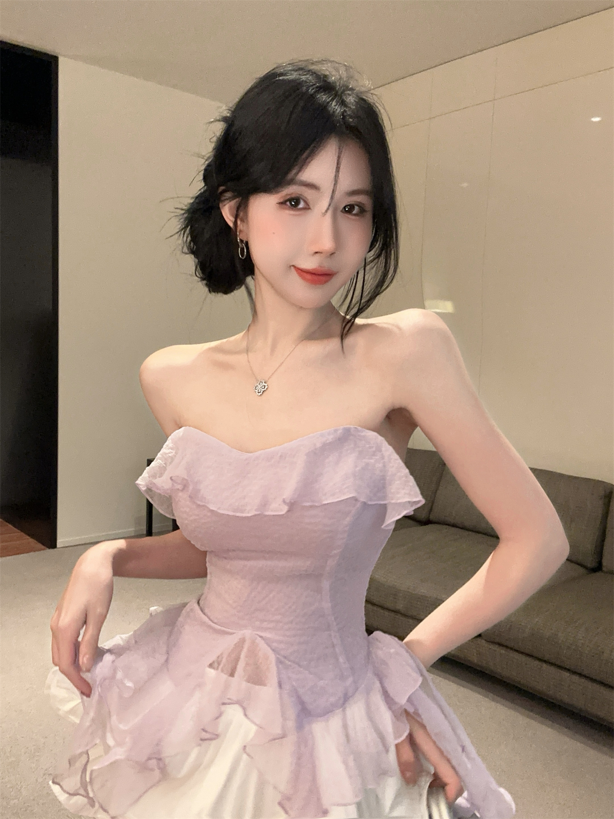 실제 촬영 정가 프릴 불규칙한 튜브 톱 프랑스어 쉬폰 톱 케이크 치마 여자 패션 정장