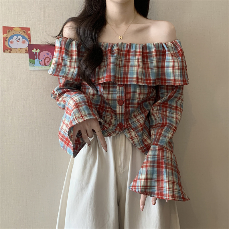 실사 정가 레트로 체크무늬 프릴 보트넥 오프숄더 쇼트 스타일 몸매 가꾸기 슬림해 보이는 나팔 긴팔 셔츠