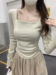 Real shot of autumn Korean style slim square collar versatile pleated cotton long-sleeved inner bottoming top T-shirt