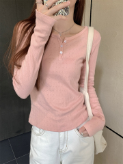 Real shot of autumn and winter Korean style temperament button jacquard design solid color versatile pure cotton long-sleeved inner T-shirt top