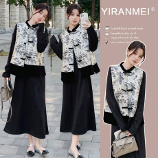 批发新品~2024<b class='q'>秋</b>冬新款网红时尚国风艺术提花防貂马甲+针织打底裙