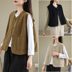 批发实拍2026新款<b class='q'>棉麻</b>大码马夹外套宽松显瘦口袋<b class='q'>背心</b>上衣马甲