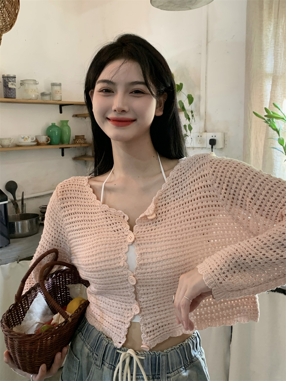 블라우스 홀로우 아웃 니트 스웨터 얇은 스타일 자외선 차단 의류 오픈 가디건 작은 외투 여성 여름 디자인 센스 작은 대중 쇼트 스타일 외부 잡아라. 의류