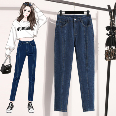 批发实拍春款弹力<b class='q'>大码</b>高腰显瘦小脚牛仔裤胖MM200斤韩版休闲九分女裤