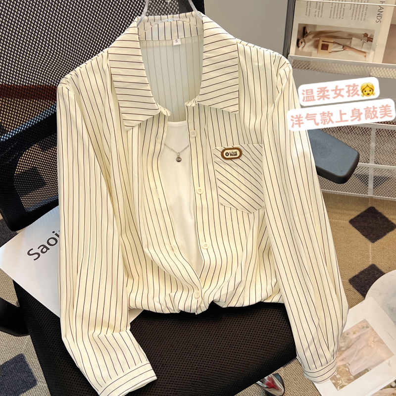 PF21768#新款时尚洋气假两件拼接条纹衬衫女设计感小众气质减龄上衣潮女裝貨源服裝批女裝貨源服裝批發