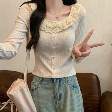 批发实拍长袖t恤女装潮2026春秋新款蕾丝薄款短款修身打底衫圆领上衣