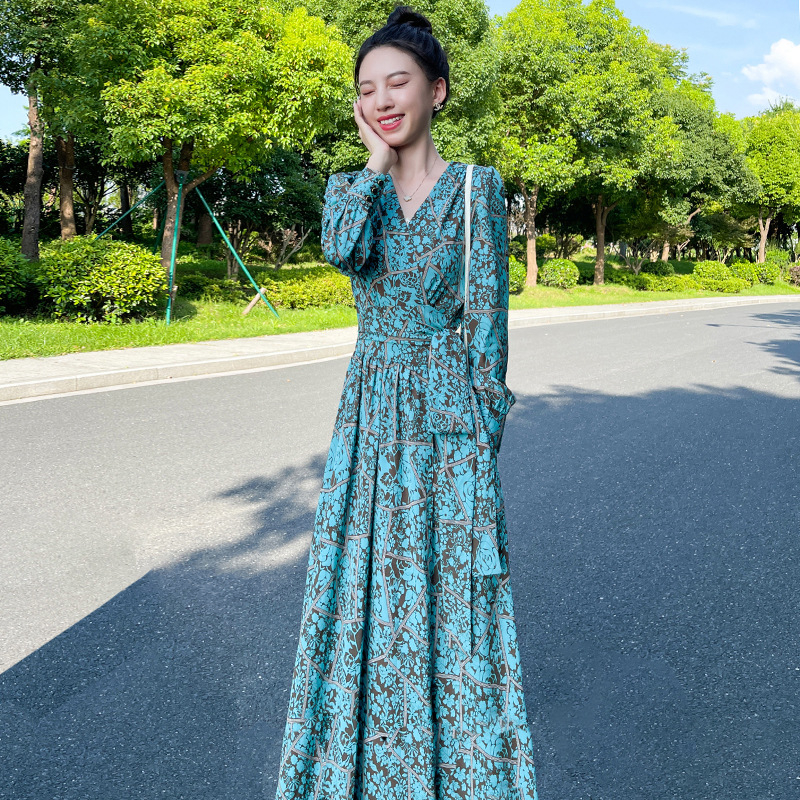 PF29083# 欧美碎花长袖连衣裙女春秋新款法式裹身长款桔梗裙收腰雪纺长裙女裝貨源服裝批發