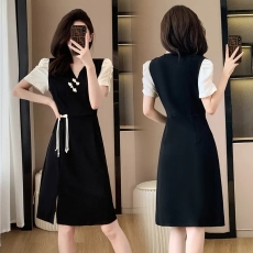 批发大码女装v领拼接中国风夏季裙子新款胖mm盘扣<b class='q'>气质</b>显瘦开叉连衣裙