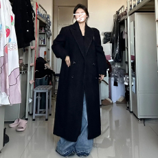 批发黑色西装式呢子大衣女秋冬季新款韩系气质高级感长款宽松毛呢外套