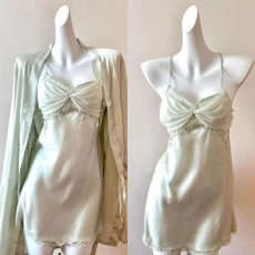 批发网络图性感吊带睡裙睡袍两件套缎面蕾丝花边带胸垫家居服