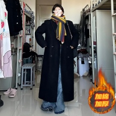 批发黑色西装式呢子加棉加厚大衣女秋冬季新款韩系高级感宽松毛呢外套