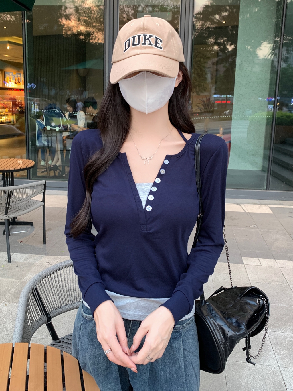 PF21381#纯棉92棉/8氨纶 秋装长袖T恤女假二件抽绳绑带女裝貨源服裝批發
