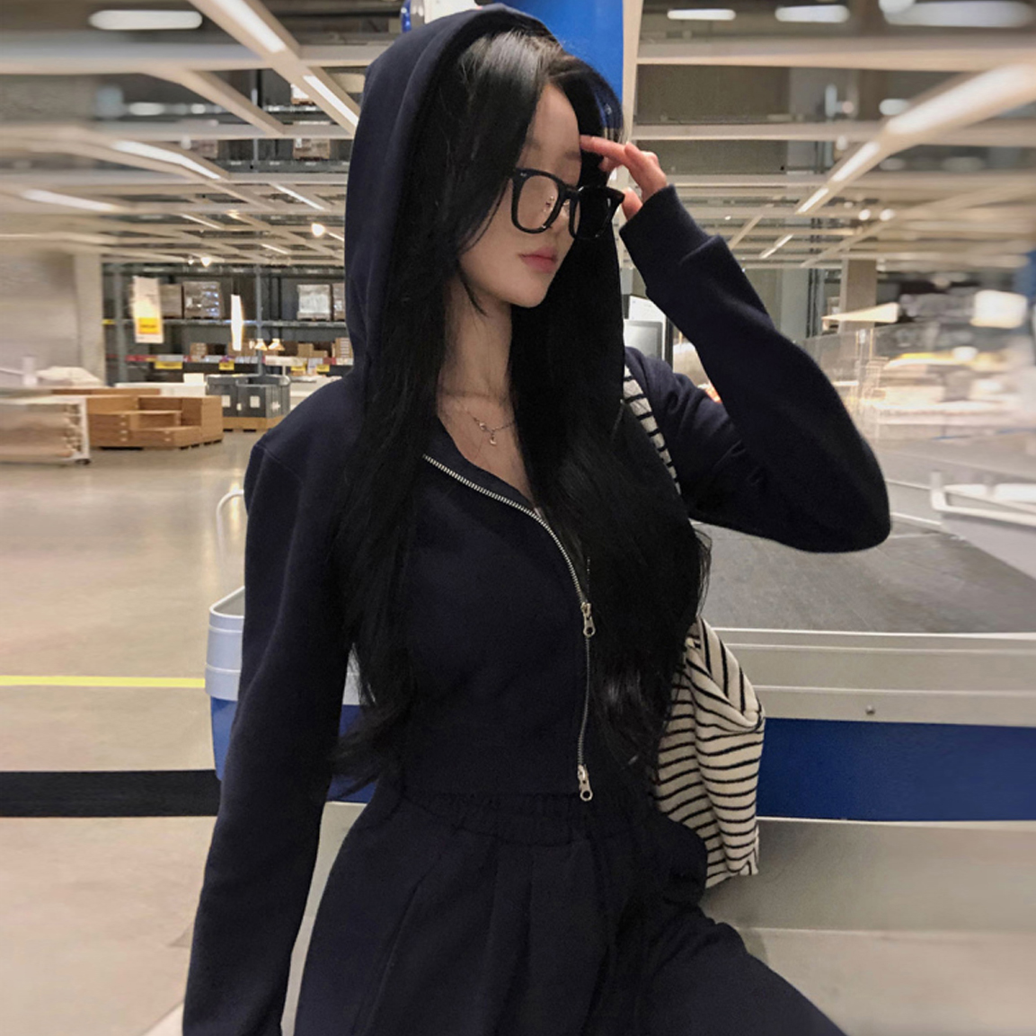 크기 있음 업데이트 가을과 겨울 다용도 캐주얼 더블 머리 지퍼 후드 티 스웨터 재킷 하이웨이스트 웨이 바지 긴 바지