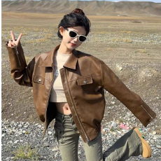 批发美拉德皮衣外套女棕色chic上衣宽松美式痞帅皮夹克2026新款春高级
