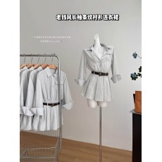 批发复古polo领条纹<b class='q'>衬衫</b>连衣裙女收腰显瘦设计感休闲长袖气质a字短裙