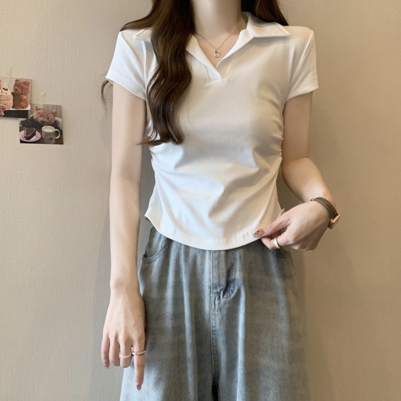 PF21333#40支纯棉夏装polo领收腰设计感小短袖T恤女女裝貨源服裝...