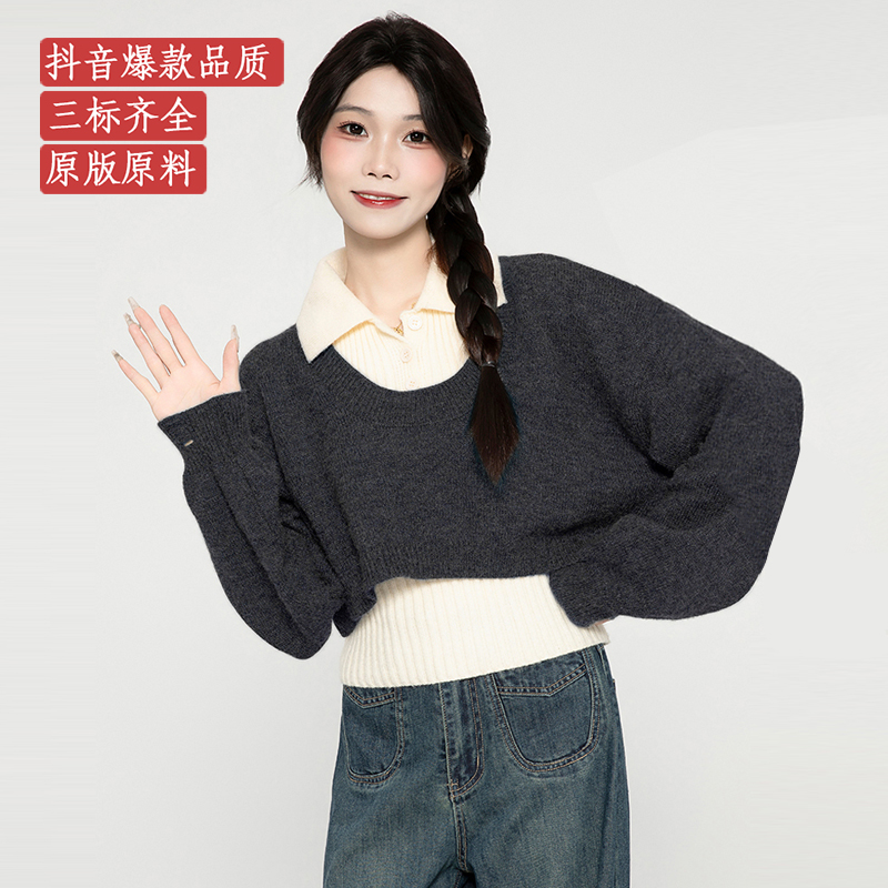 Polo collar sweater two-piece set for women spring and autumn 2024 new design western style sweater vest short top