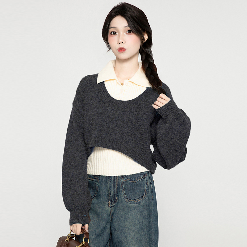 Polo collar sweater two-piece set for women spring and autumn 2024 new design western style sweater vest short top