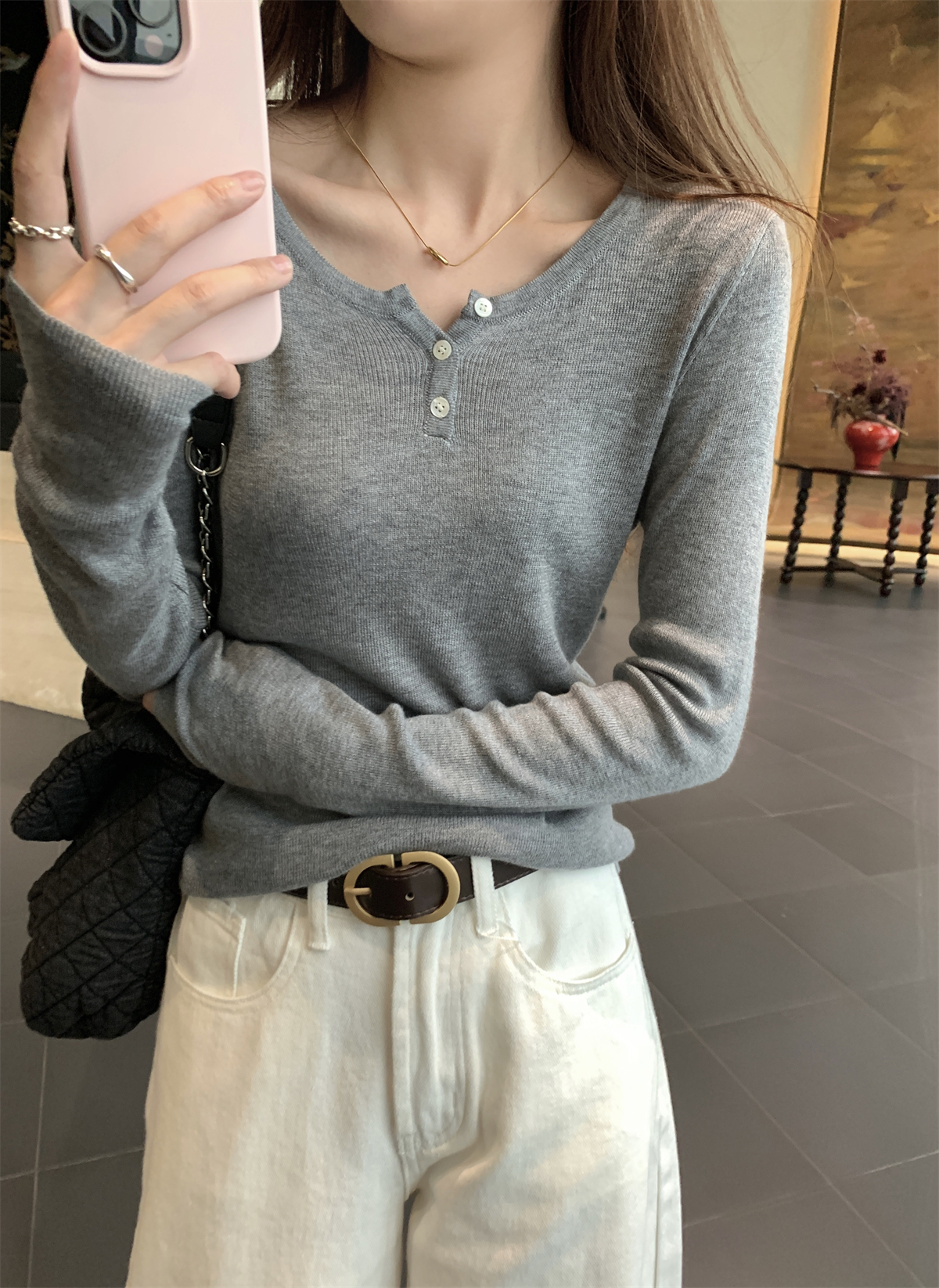 Real shot of autumn and winter Korean style half-open collar, lazy 6 wool sweater with long-sleeved bottoming top for women