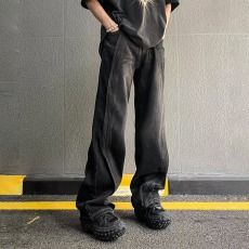 批发春秋美式高级感拼接重磅牛仔裤男高街宽松阔腿垂感直筒百搭长裤