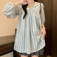 批发实拍2026早春装大码女装娃娃领条纹泡泡袖七分袖<b class='q'>连衣裙</b>M-4XL200斤