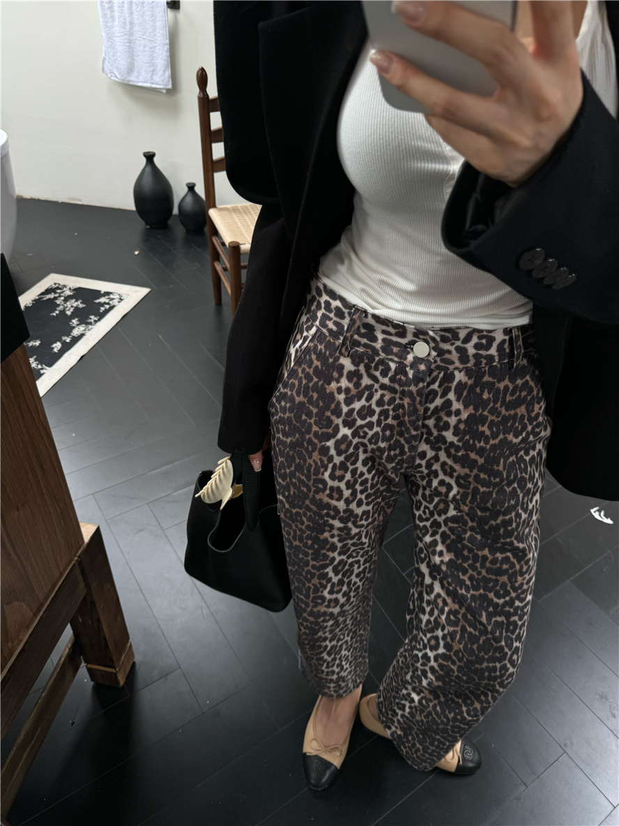 Real shot of leopard print high waisted wide leg pants for women casual straight trousers