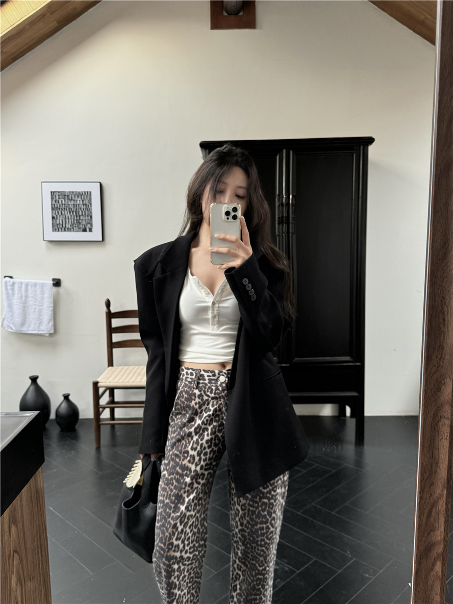 Real shot of leopard print high waisted wide leg pants for women casual straight trousers