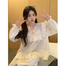 批发实拍实价韩版甜美<b class='q'>全棉</b>提花公主风重工蕾丝宽松舒适春秋外穿家居服