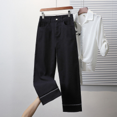 批发实拍2025春新款大码直筒休闲黑色弹力牛仔<b class='q'>九分</b>女裤胖MM显瘦女裤