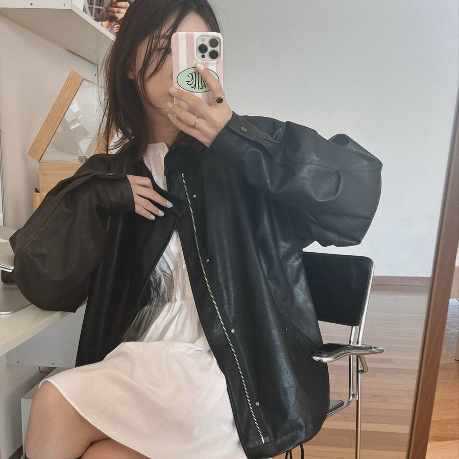 Korean style new black imitation leather jacket for women 2024 spring and autumn American and European new Hong Kong style casual pu leather jacket top