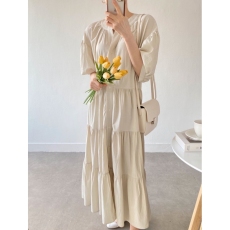 批发韩国chic 法式圆领泡泡袖蛋糕裙<b class='q'>宽松</b>单排扣长款短袖<b class='q'>连衣裙</b>女