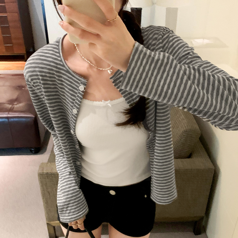 Photographed Image Korean Style Grey Polka Dot Lining Striped Open Top T-Shirt for Women Spring/Autumn 2024 New Arrival Top