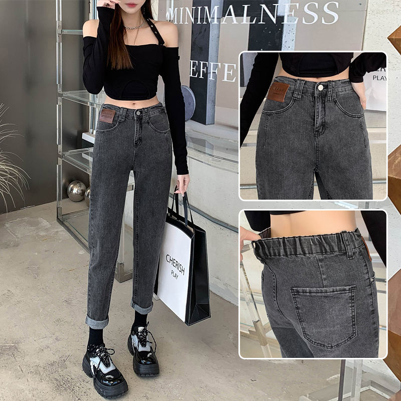 PF21373#松紧腰外穿老爹牛仔裤女新款弹力时尚大码休闲哈伦牛仔裤女裝貨源服裝批發