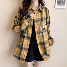 抖音专供实拍宽松2026春秋百搭黄色格子贴标POLO领衬衫女