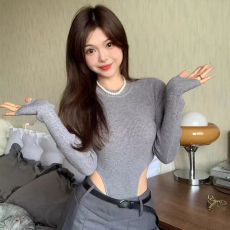 批发韩国外贸 T恤女紧身显瘦内搭<b class='q'>打底</b>衫连体衣秋季露腰纯欲风性感<b class='q'>上衣</b>