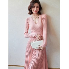批发欧洲站温柔风绝美气质系带绑带遮肚子针织毛衣<b class='q'>连衣裙</b>女秋冬打底裙